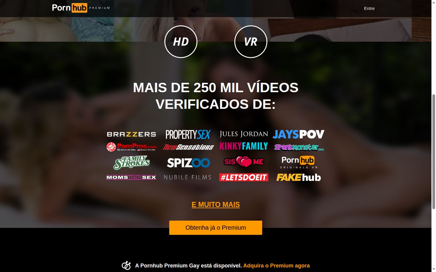 Página do Pornhub Premium em português com a frase mais de 250 mil vídeos verificados e logótipos de estúdios